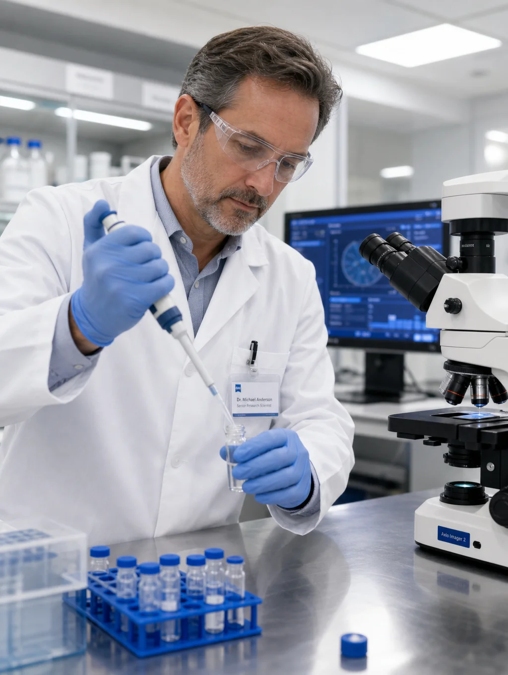 Scientist analyzing plant-based antiseptic samples in a modern laboratory