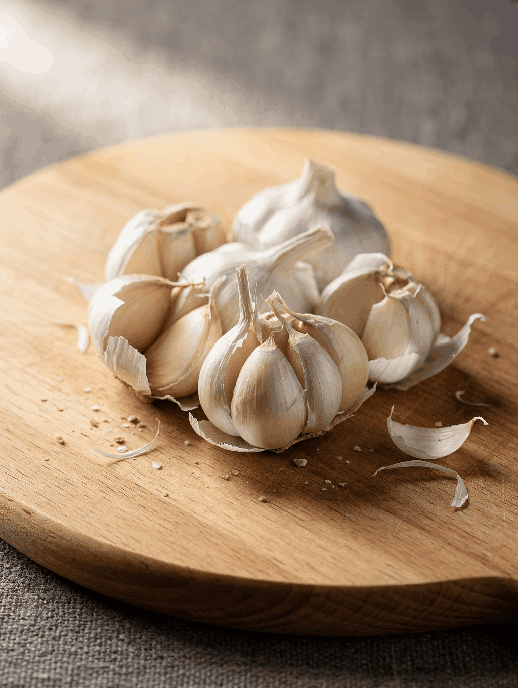Fresh garlic, ginger, and blackjack plants arranged on a table